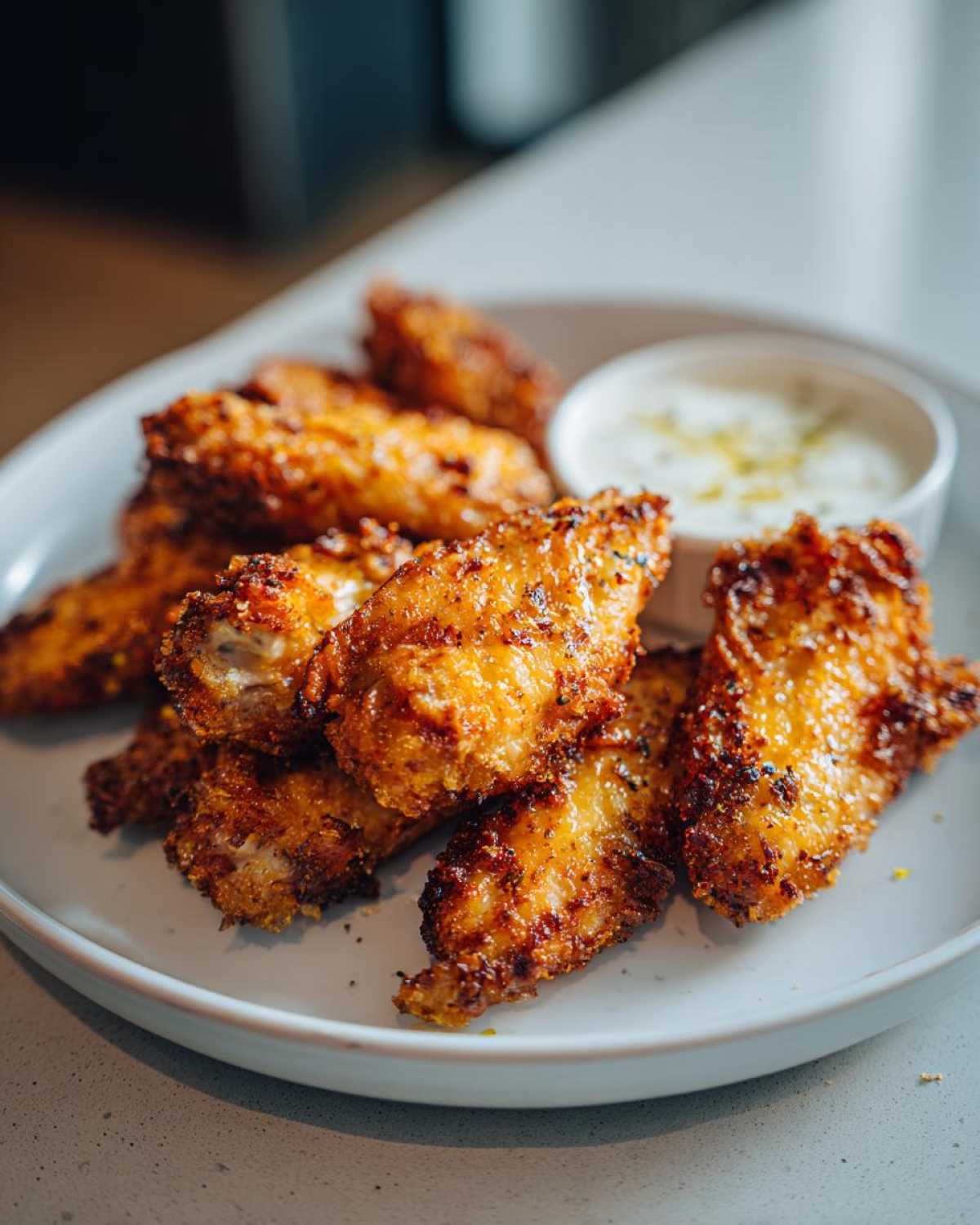 A plate of golden brown crispy baked chicken wings served with a small bowl of white dipping sauce.