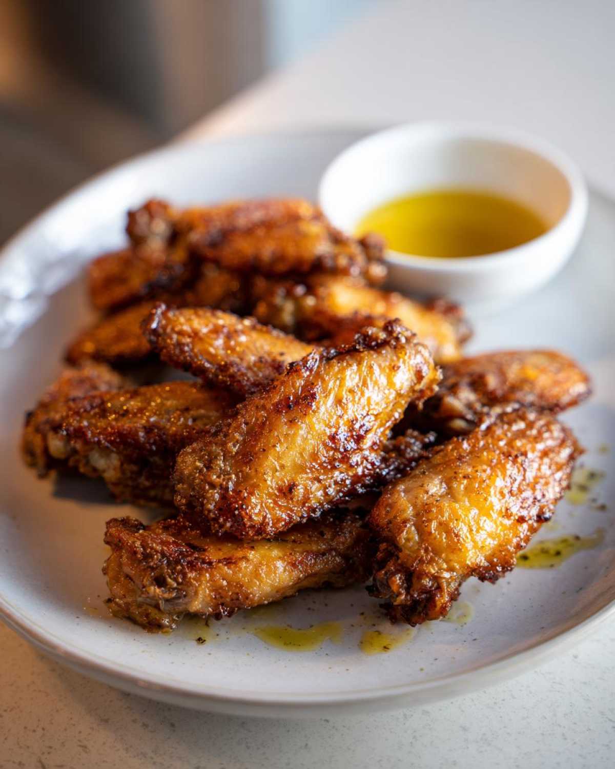A close-up of a plate filled with golden-brown, crispy baked chicken wings, served with a small bowl of dipping sauce.
