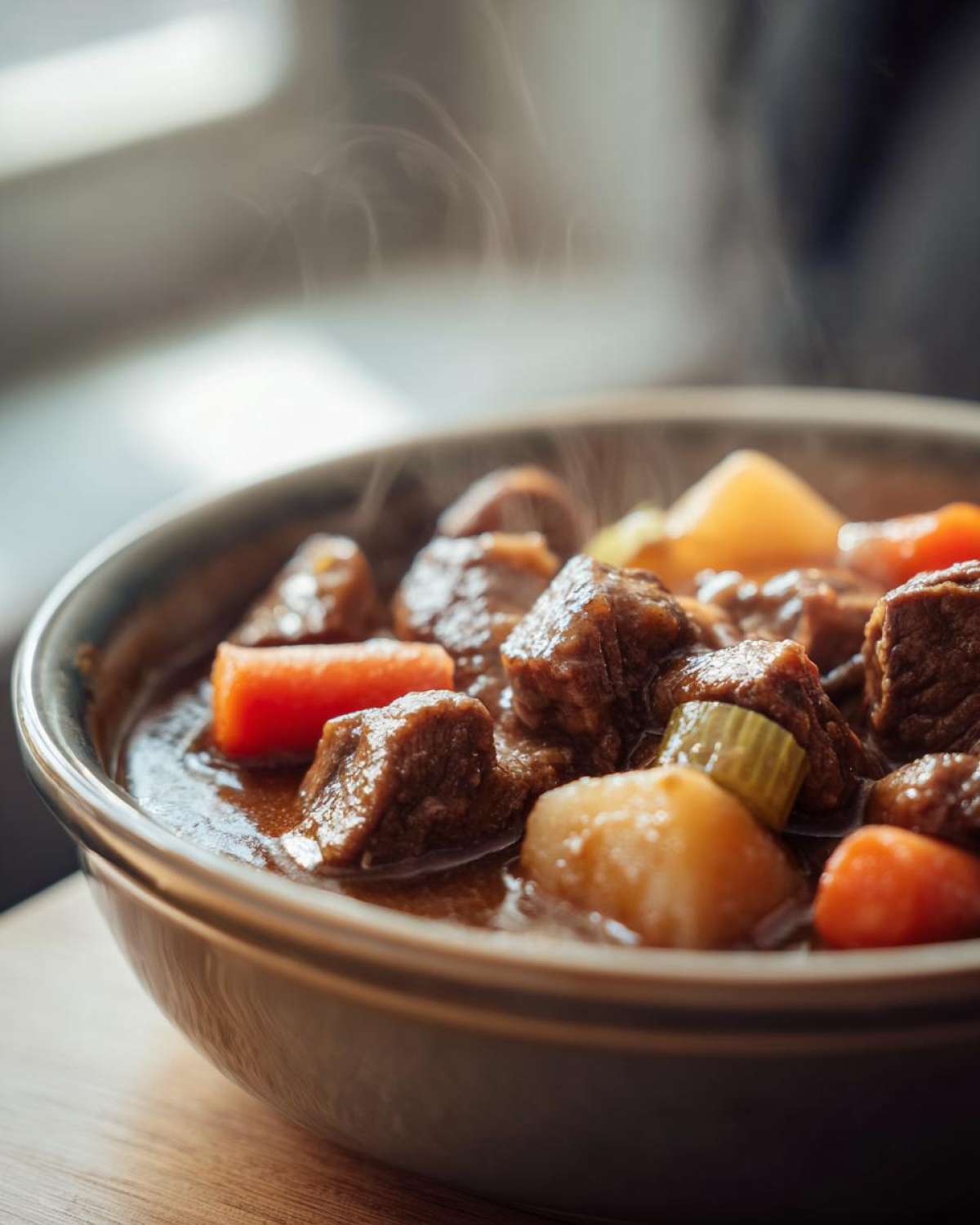 A close-up of a steaming bowl of hearty crock pot beef stew, featuring tender beef chunks, carrots, and potatoes.
