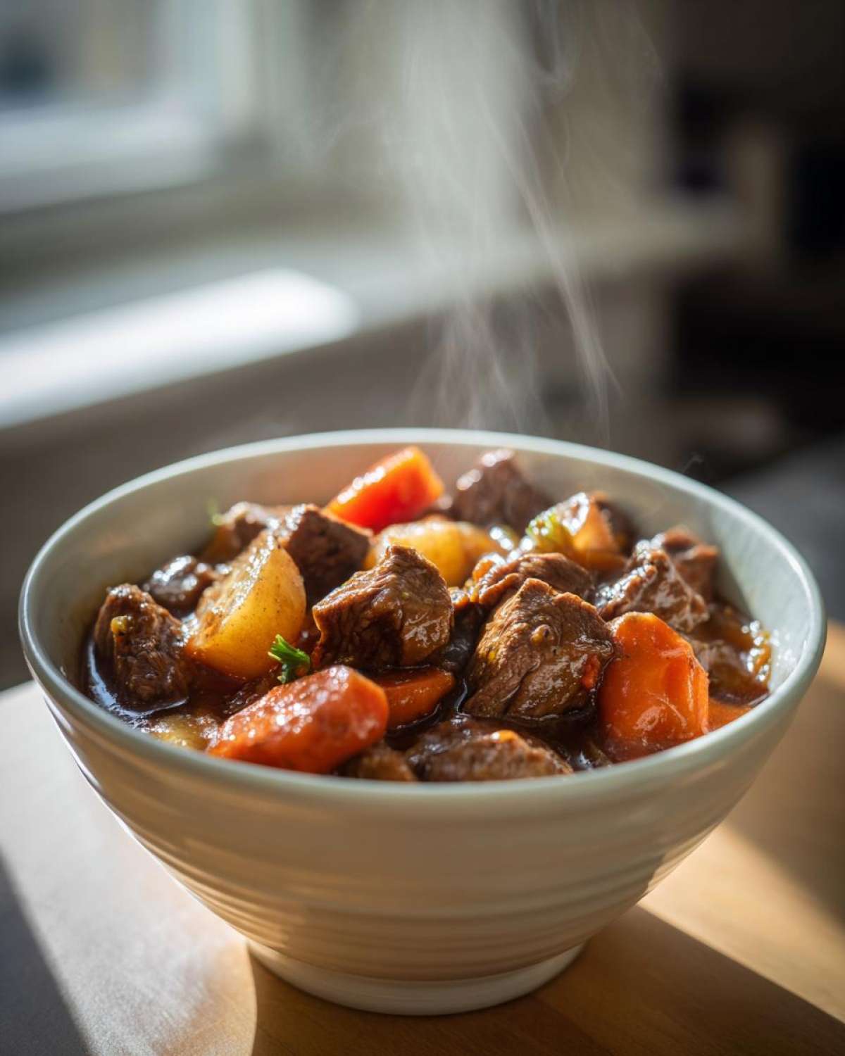 A steaming bowl of hearty crock pot beef stew with tender beef chunks, carrots, and potatoes.