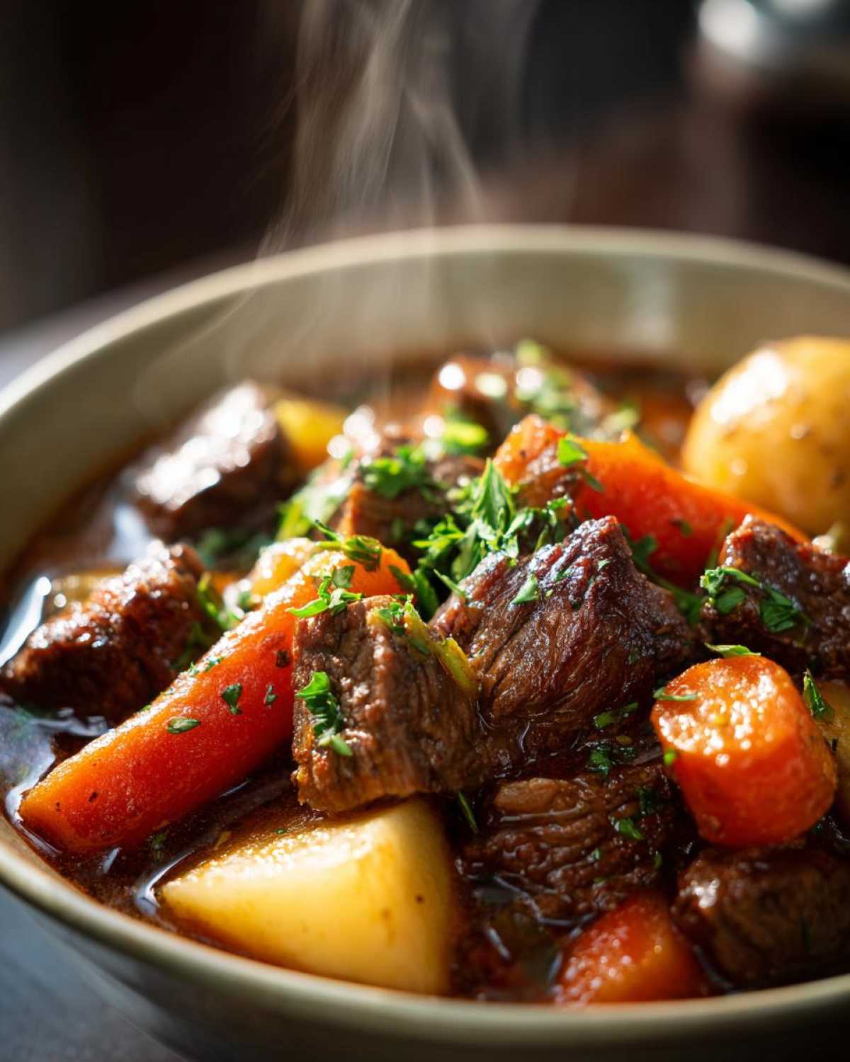 A close-up of steaming crock pot beef stew, featuring tender beef chunks, carrots, and potatoes, garnished with fresh parsley.