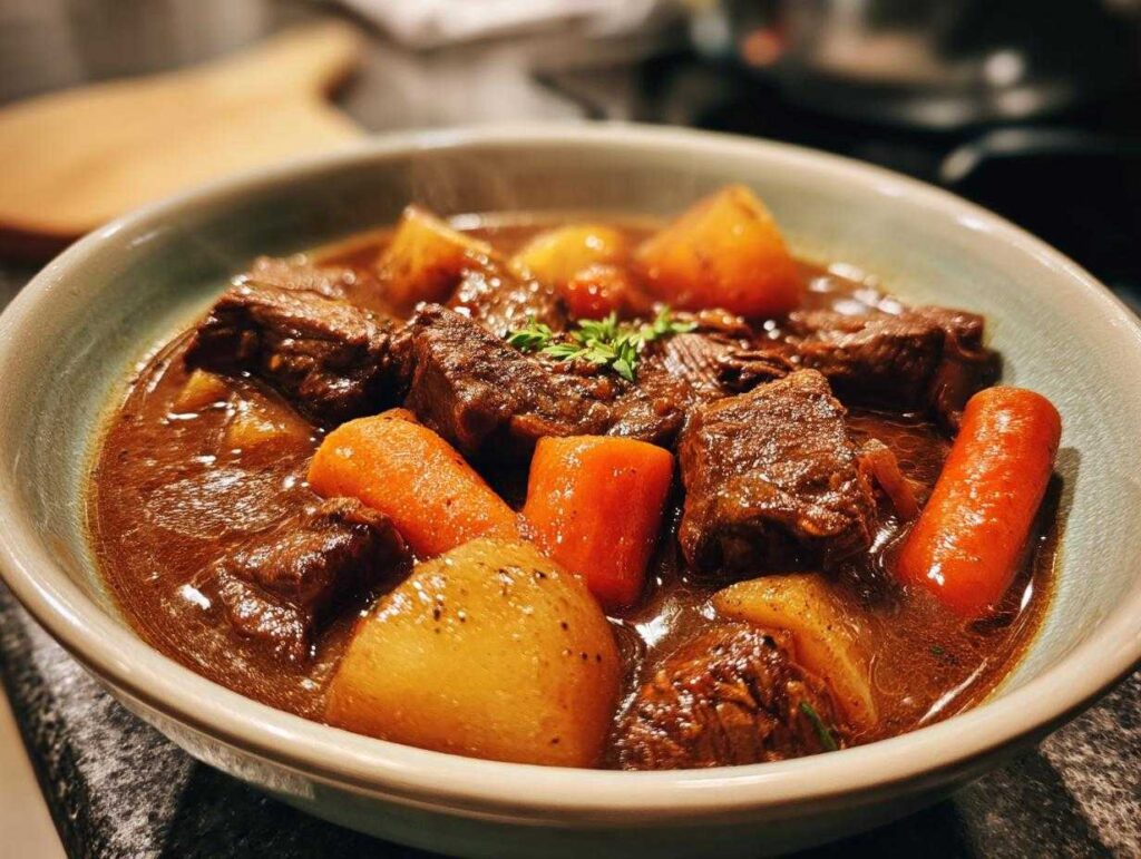 A close-up of a bowl filled with steaming crock pot beef stew, featuring tender chunks of beef, carrots, and potatoes in a rich gravy.