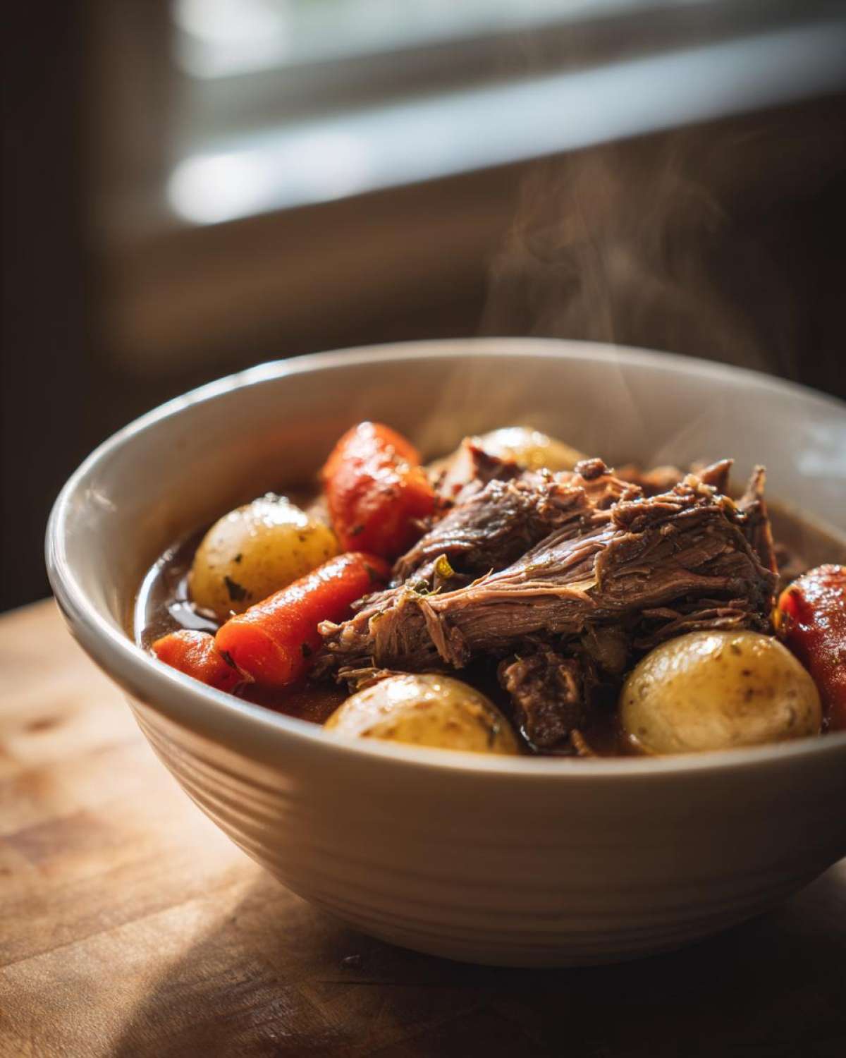 A steaming bowl of crock pot pot roast with tender beef, carrots, and potatoes in a rich gravy.