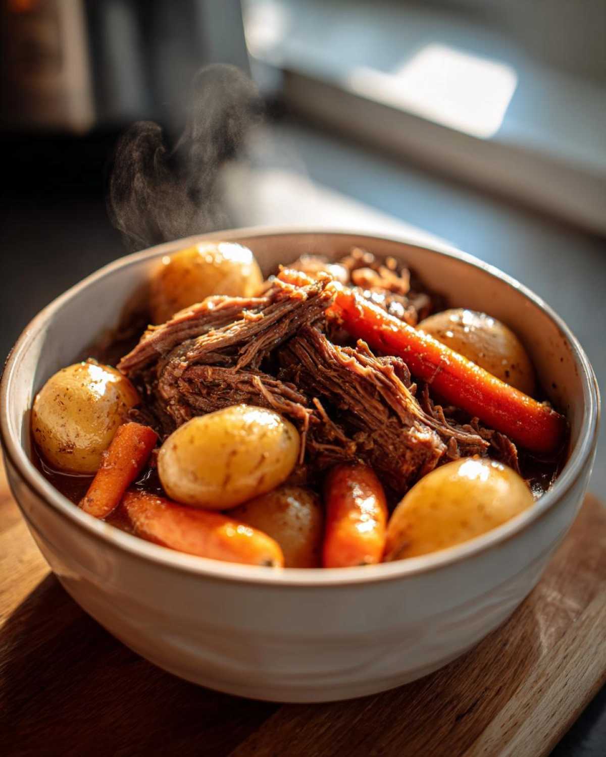 A steaming bowl of tender crock pot pot roast with whole baby potatoes and carrots.
