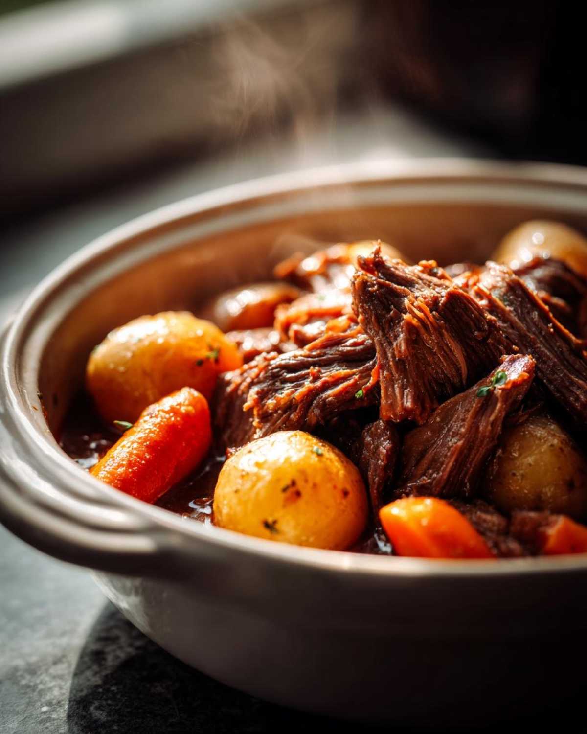 Close-up of a steaming crock pot pot roast with tender shredded beef, baby potatoes, and carrots.