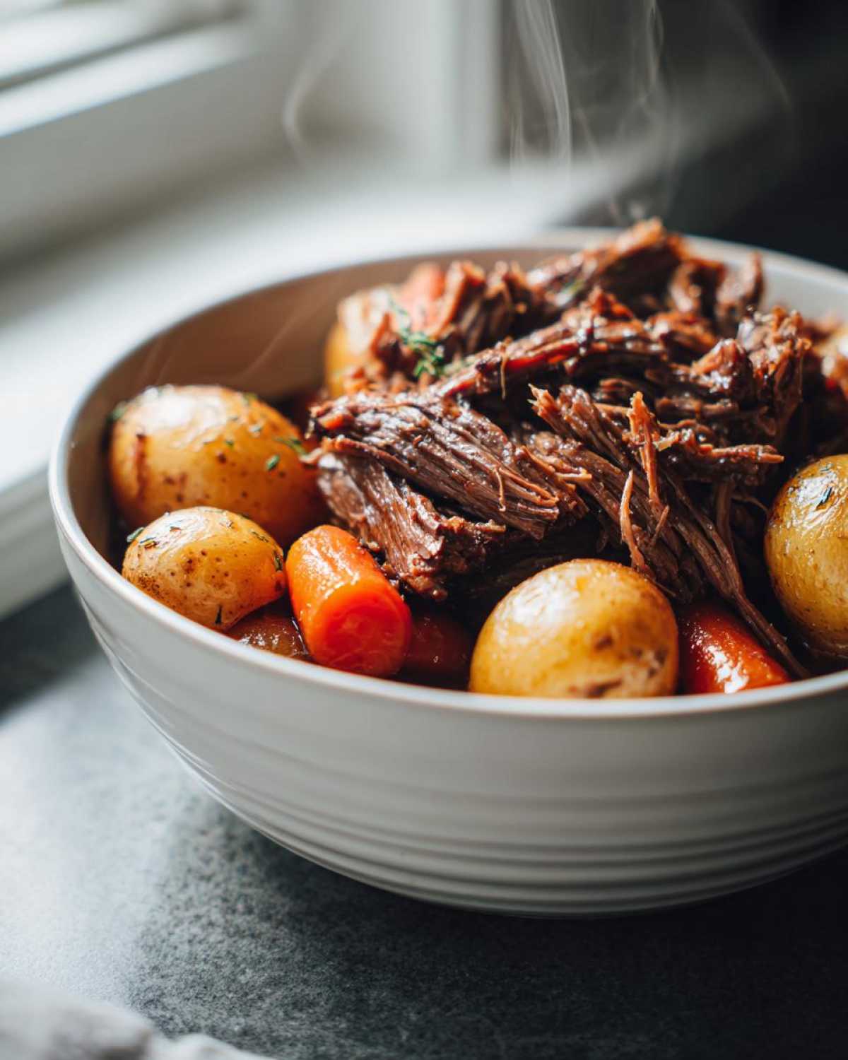 Close-up of a bowl filled with tender crock pot pot roast, baby potatoes, and carrots, with steam rising.