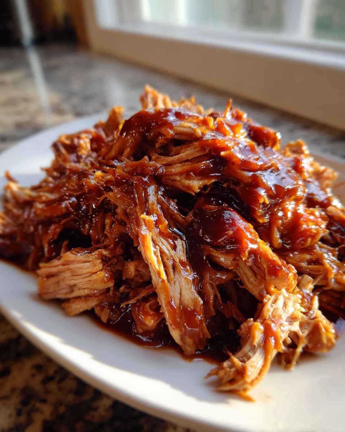 A close-up of a white plate piled high with juicy, tender crock pot pulled pork coated in a rich, dark barbecue sauce.