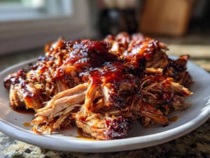 Close-up of a plate piled high with tender, shredded crock pot pulled pork coated in a rich, glossy BBQ sauce.