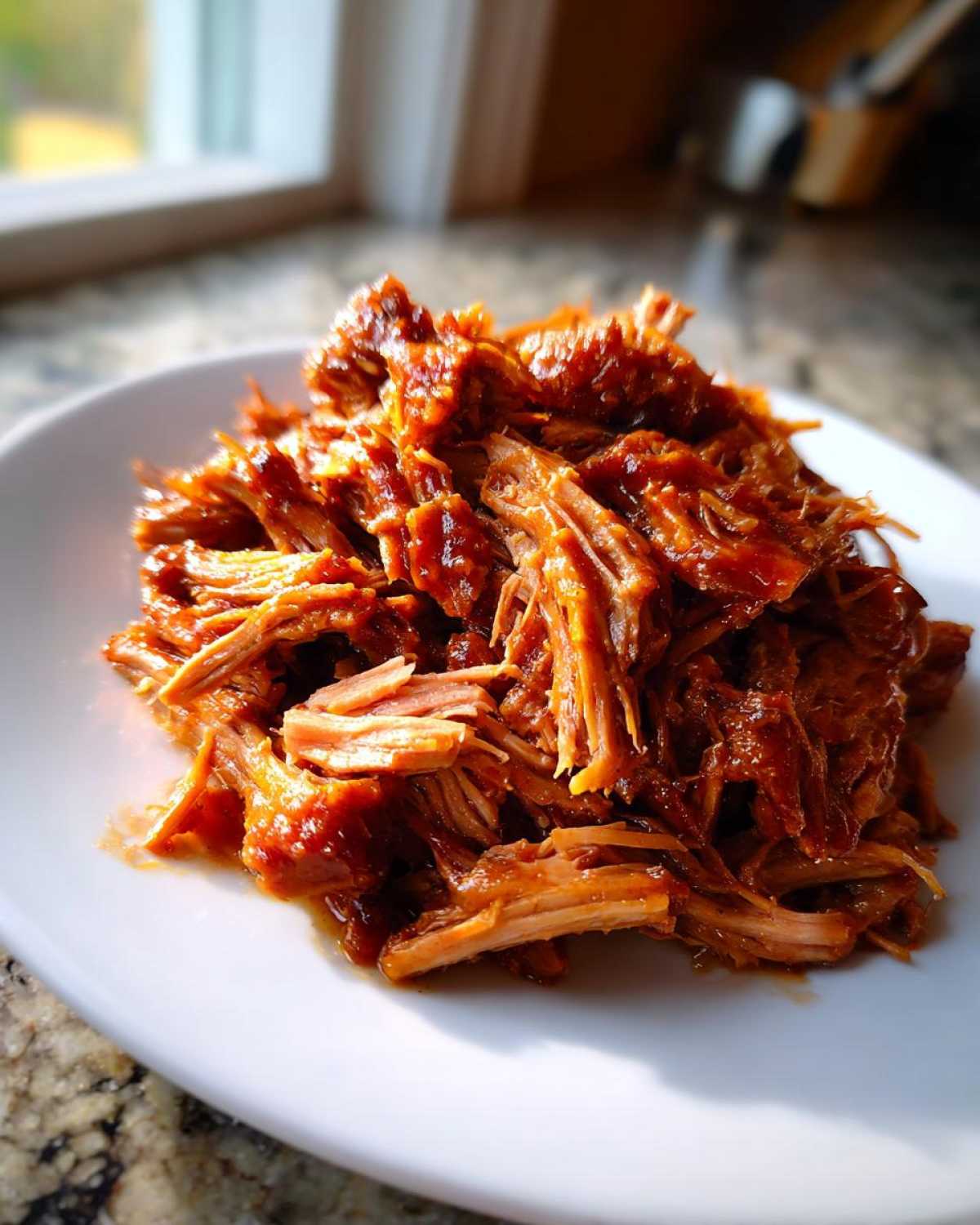 A close-up of a white plate piled high with tender and juicy crock pot pulled pork coated in a rich sauce.