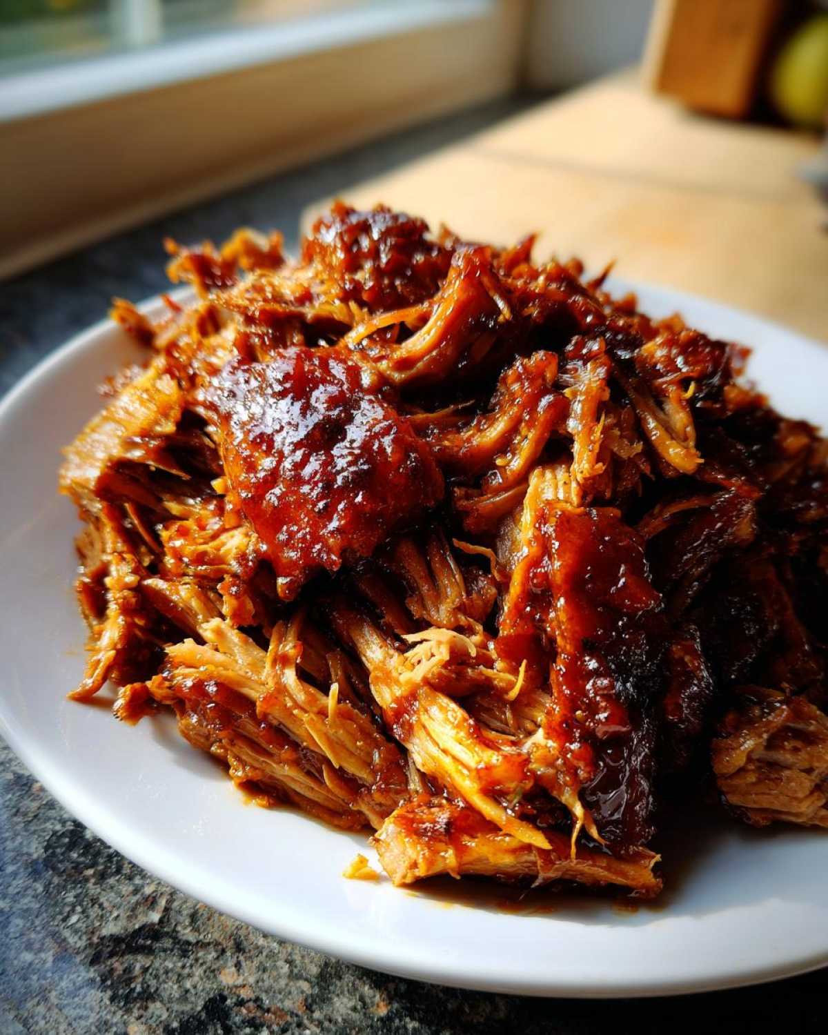 A close-up of a white plate filled with tender, shredded crock pot pulled pork coated in a glossy sauce.