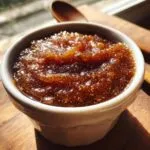 Close-up of rich, textured crockpot apple butter in a white bowl with a wooden spoon in the background.