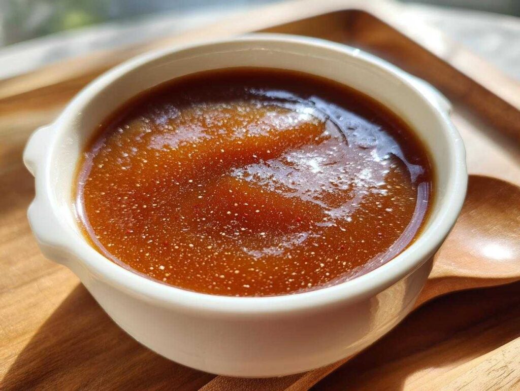 A close-up of rich, dark crockpot apple butter in a white bowl, with a wooden spoon beside it.