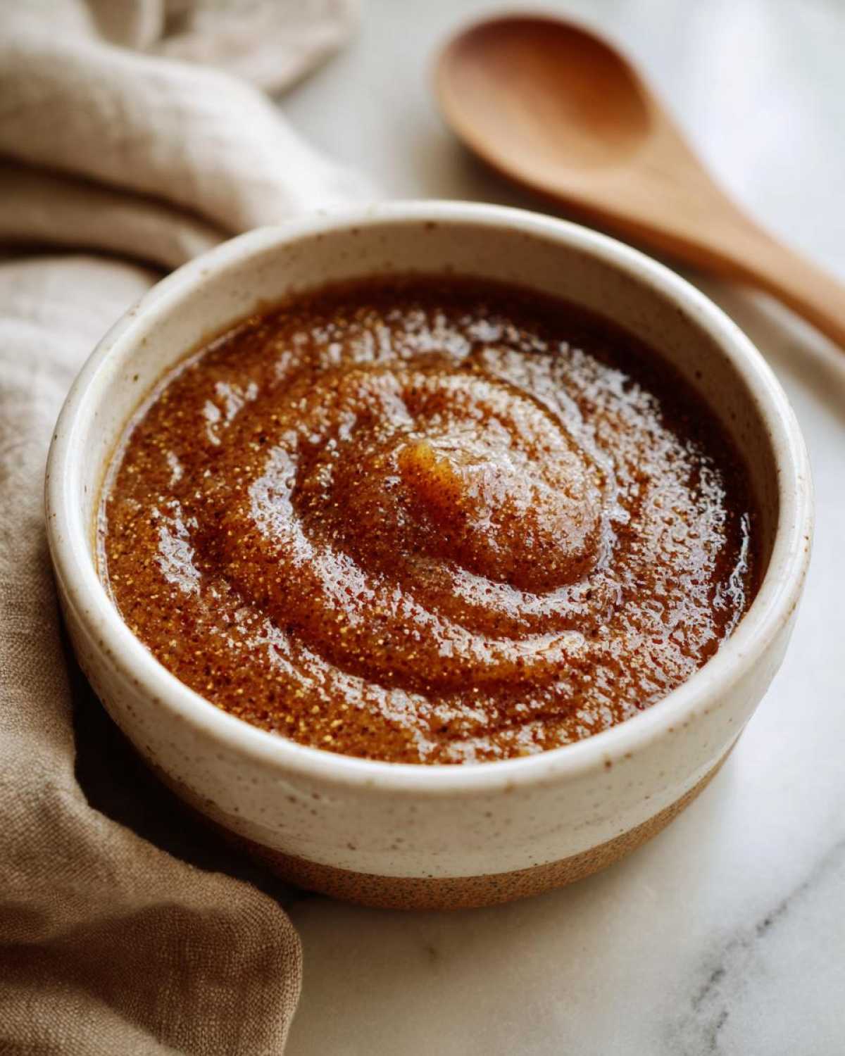A close-up of rich, textured crockpot apple butter served in a rustic bowl with a wooden spoon.