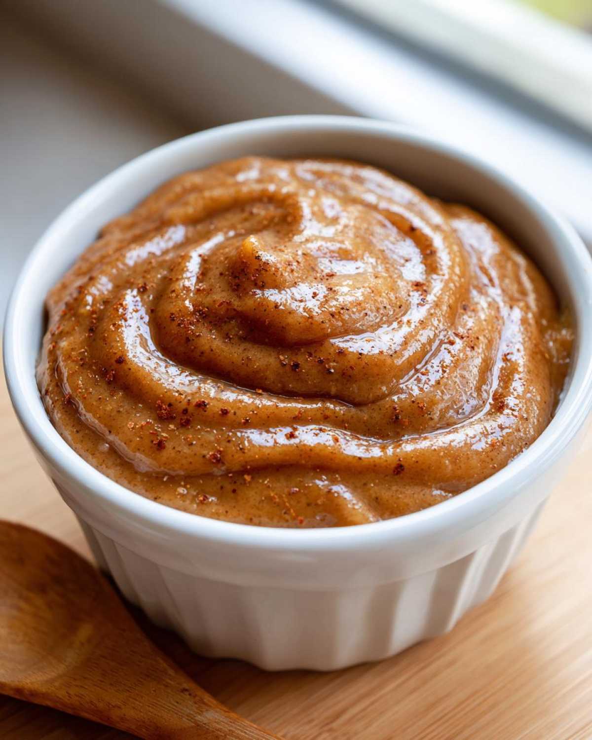 A close-up of smooth crockpot apple butter swirled in a white ramekin, dusted with cinnamon.