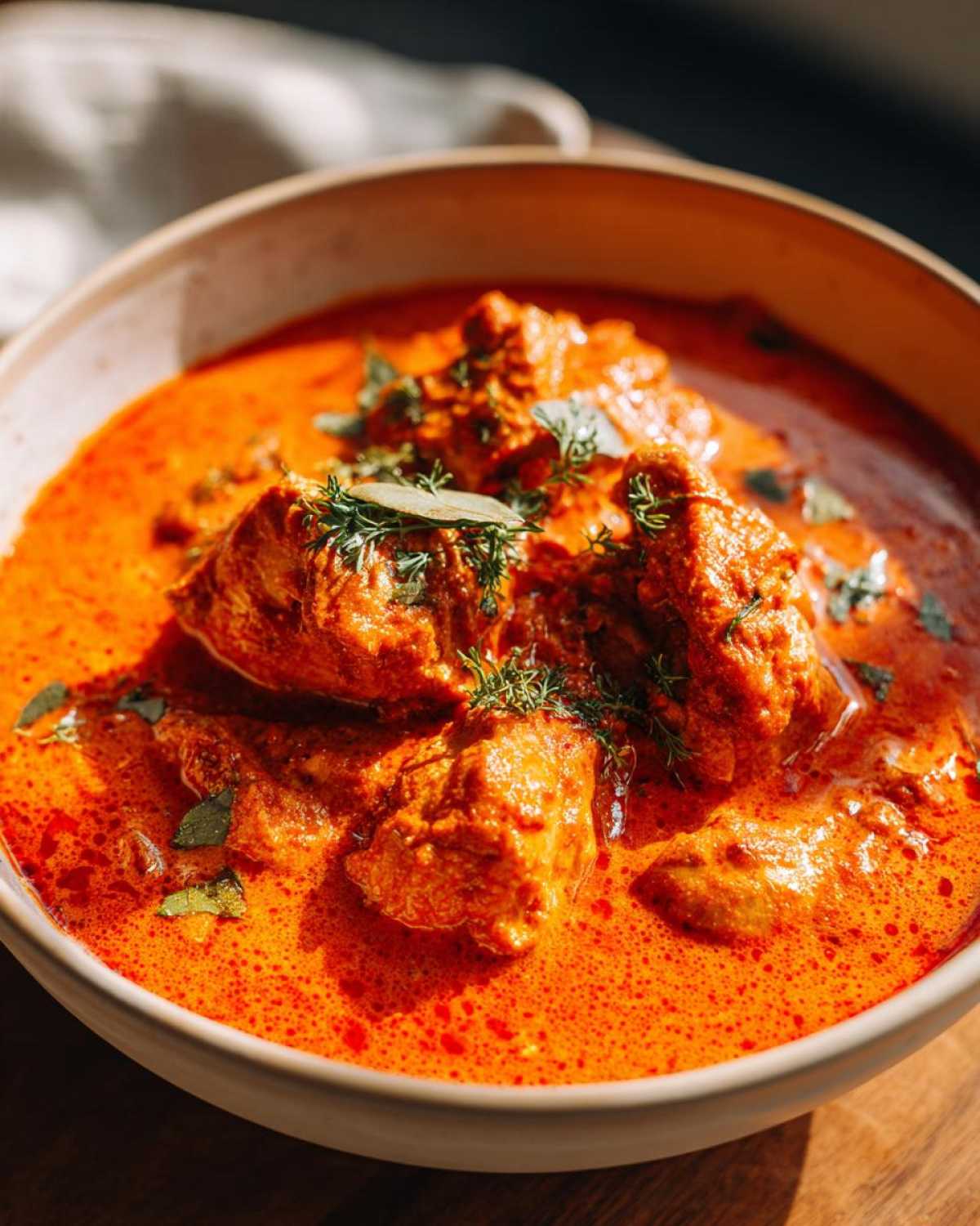 A close-up of tender chicken pieces in a rich, creamy orange sauce, garnished with fresh herbs. This is Crockpot Butter Chicken.