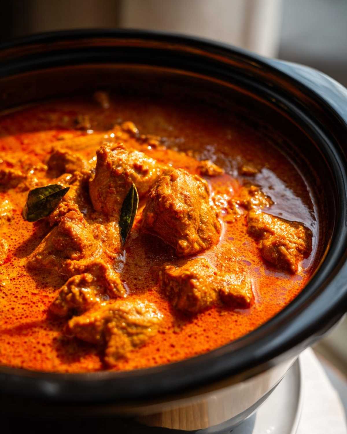 Close-up of tender chicken pieces in a rich, creamy orange sauce in a black crockpot, featuring the crockpot butter chicken.