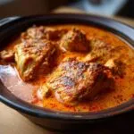 Close-up of tender chicken pieces in a rich, creamy orange sauce, a serving of crockpot butter chicken.