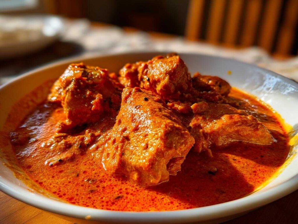Close-up of tender chicken pieces in a rich, creamy orange sauce, showcasing the delicious Crockpot Butter Chicken.