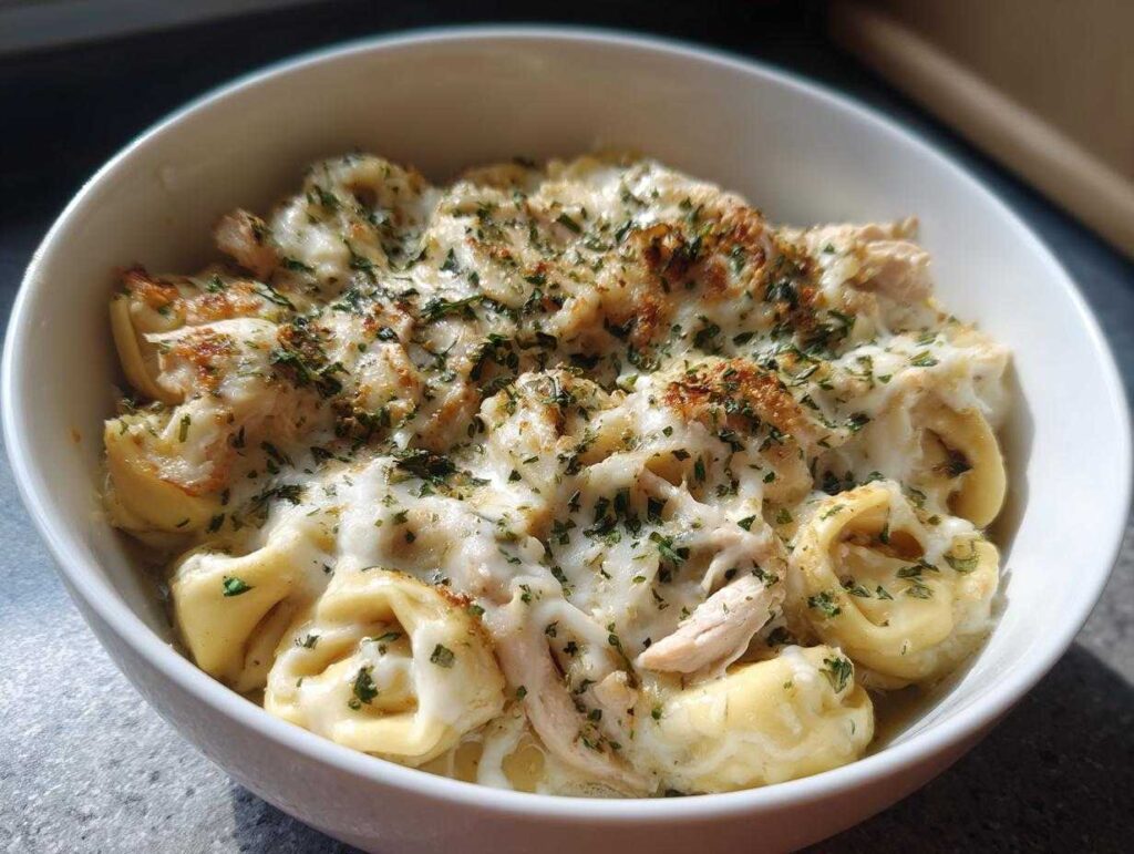 A close-up of creamy crockpot chicken alfredo tortellini, topped with melted cheese and parsley.