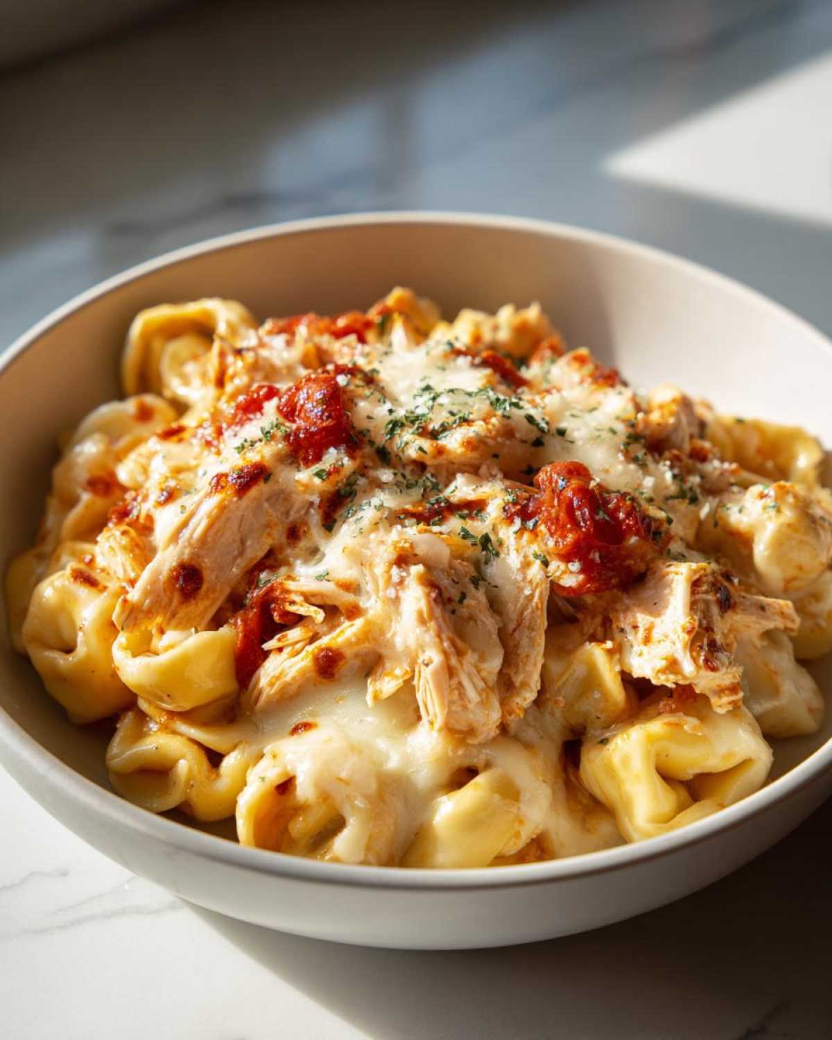 A bowl of creamy crockpot chicken alfredo tortellini topped with shredded chicken, melted cheese, and herbs.