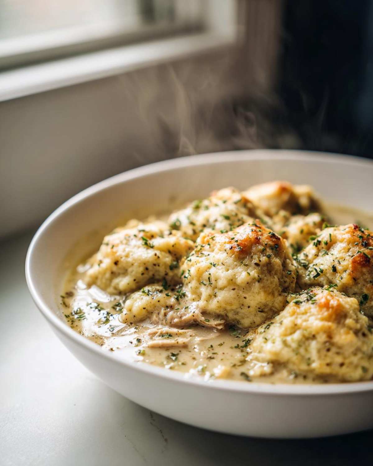 A white bowl filled with steaming crockpot chicken and dumplings, garnished with parsley.