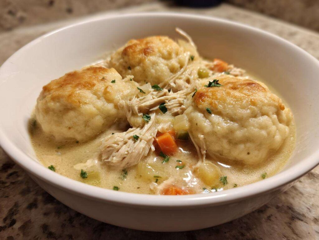 A bowl of comforting crockpot chicken and dumplings with fluffy dumplings and shredded chicken.