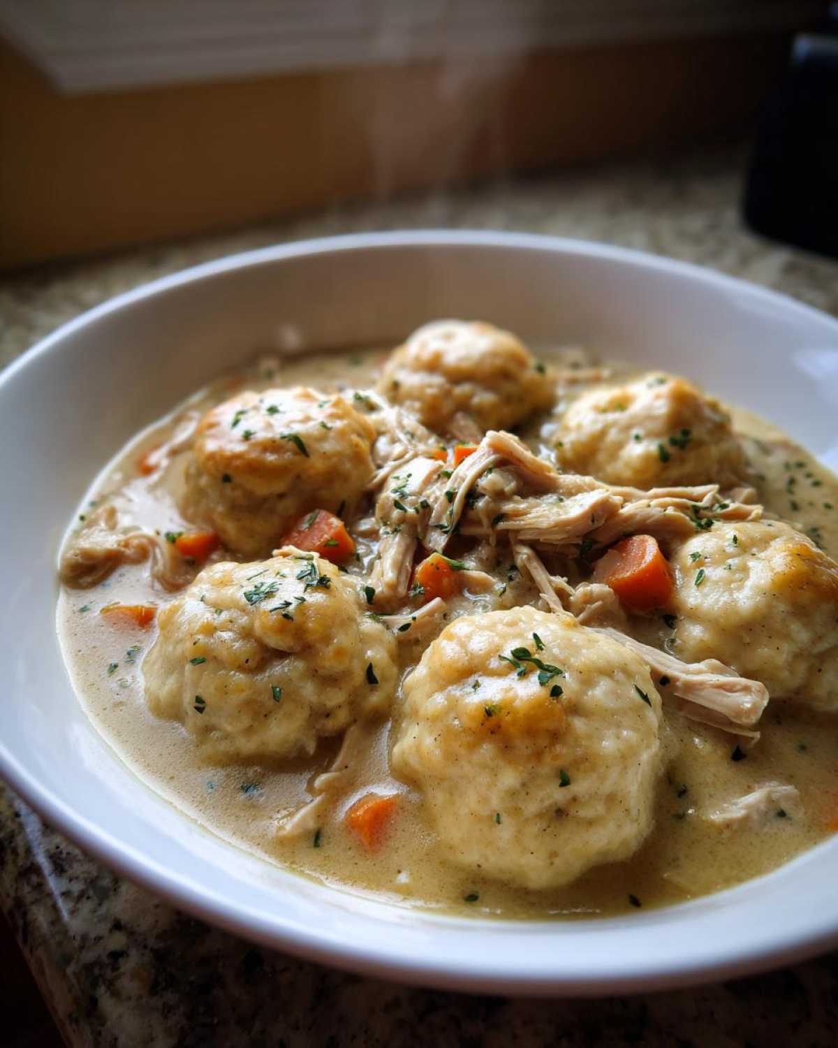 A close-up of a white bowl filled with steaming crockpot chicken and dumplings, garnished with parsley.