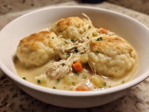 A bowl of comforting crockpot chicken and dumplings with fluffy dumplings and shredded chicken.