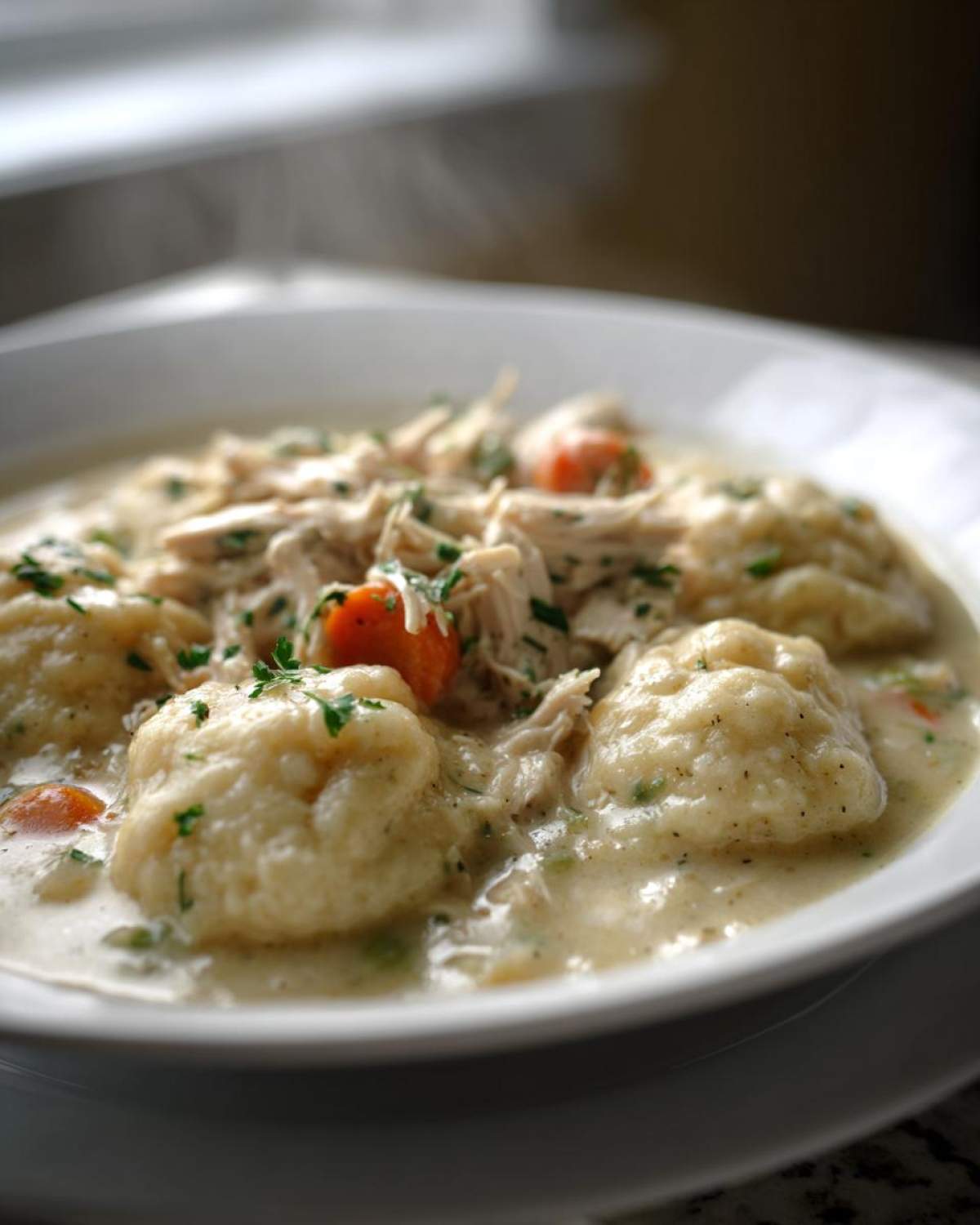 A close-up of a bowl of steaming crockpot chicken and dumplings, garnished with fresh parsley.