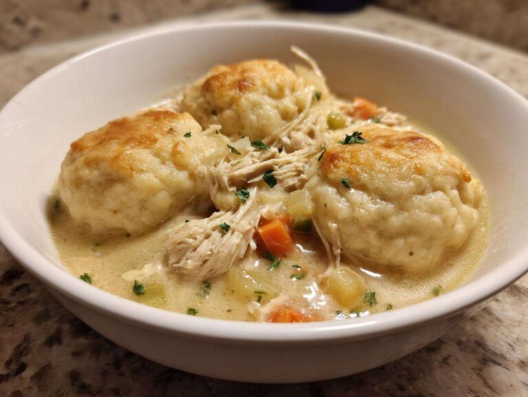 A bowl of comforting crockpot chicken and dumplings with fluffy dumplings and shredded chicken.