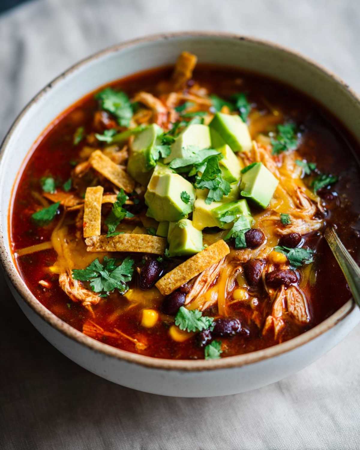 A close-up of a bowl of Crockpot Chicken Enchilada Soup topped with diced avocado, tortilla strips, cilantro, and shredded cheese.