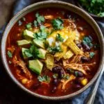 A close-up of a bowl of Crockpot Chicken Enchilada Soup topped with avocado, sour cream, cheese, and tortilla strips.