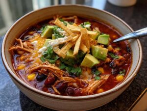 A close-up of a bowl of Crockpot Chicken Enchilada Soup, topped with avocado, cilantro, cheese, and tortilla strips.
