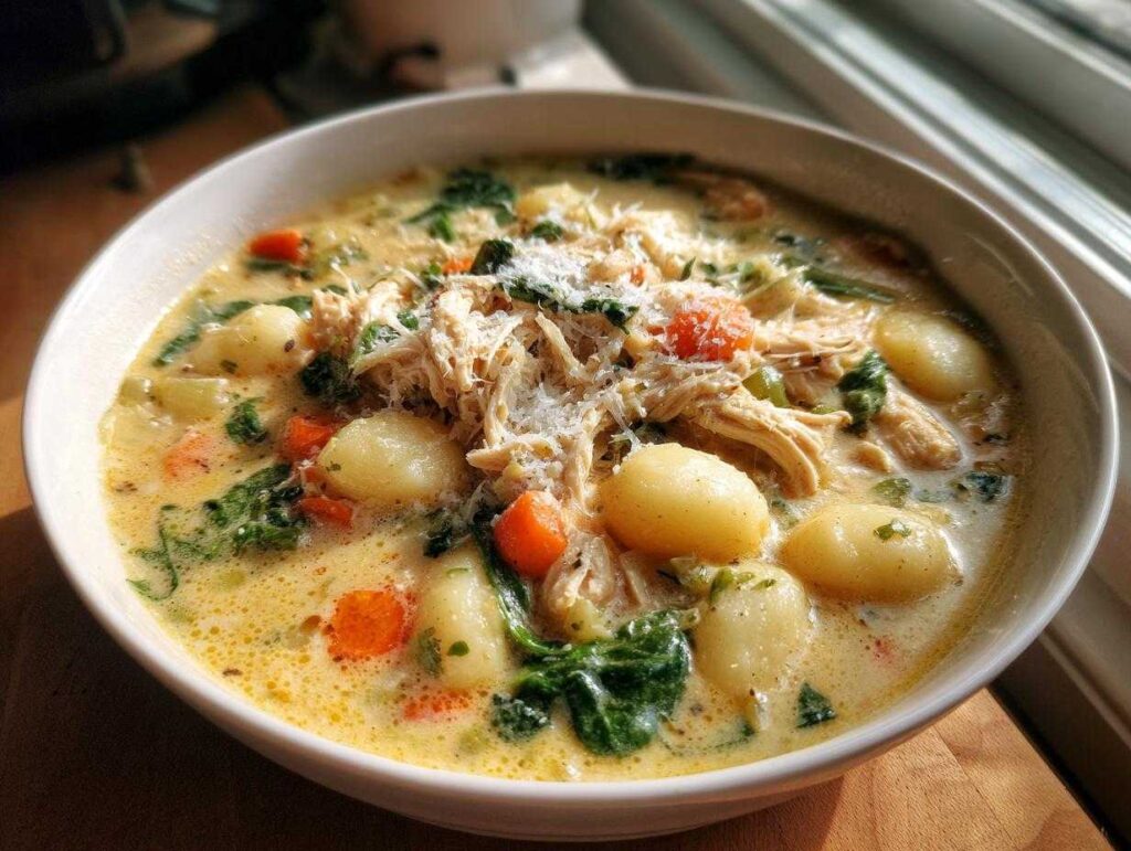 A close-up of a bowl of creamy crockpot chicken gnocchi soup, filled with tender chicken, soft gnocchi, spinach, and carrots, topped with grated Parmesan.