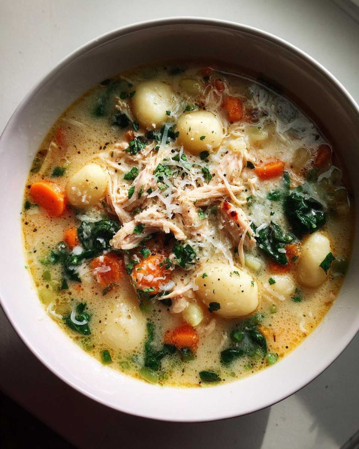 A close-up of a bowl of creamy crockpot chicken gnocchi soup, filled with shredded chicken, gnocchi, carrots, and spinach, topped with parmesan.