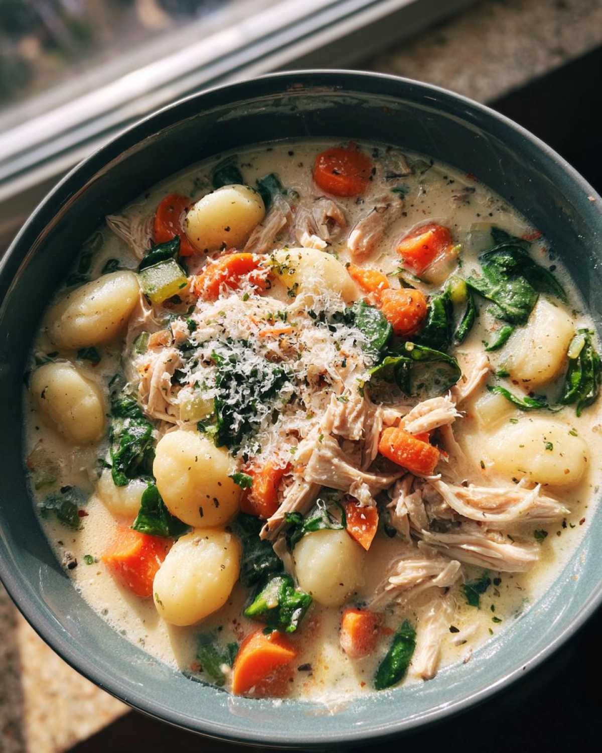 A close-up overhead view of a bowl of creamy crockpot chicken gnocchi soup, filled with shredded chicken, gnocchi, carrots, and spinach.