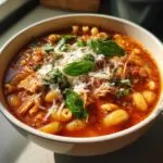 A bowl of Crockpot Chicken Parmesan Soup filled with pasta, shredded chicken, and topped with fresh basil and Parmesan cheese.
