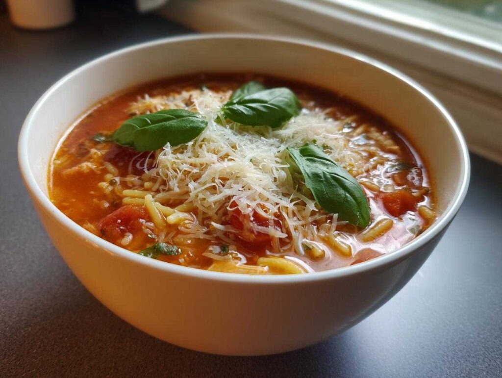 A close-up of a white bowl filled with Crockpot Chicken Parmesan Soup, topped with shredded Parmesan cheese and fresh basil leaves.
