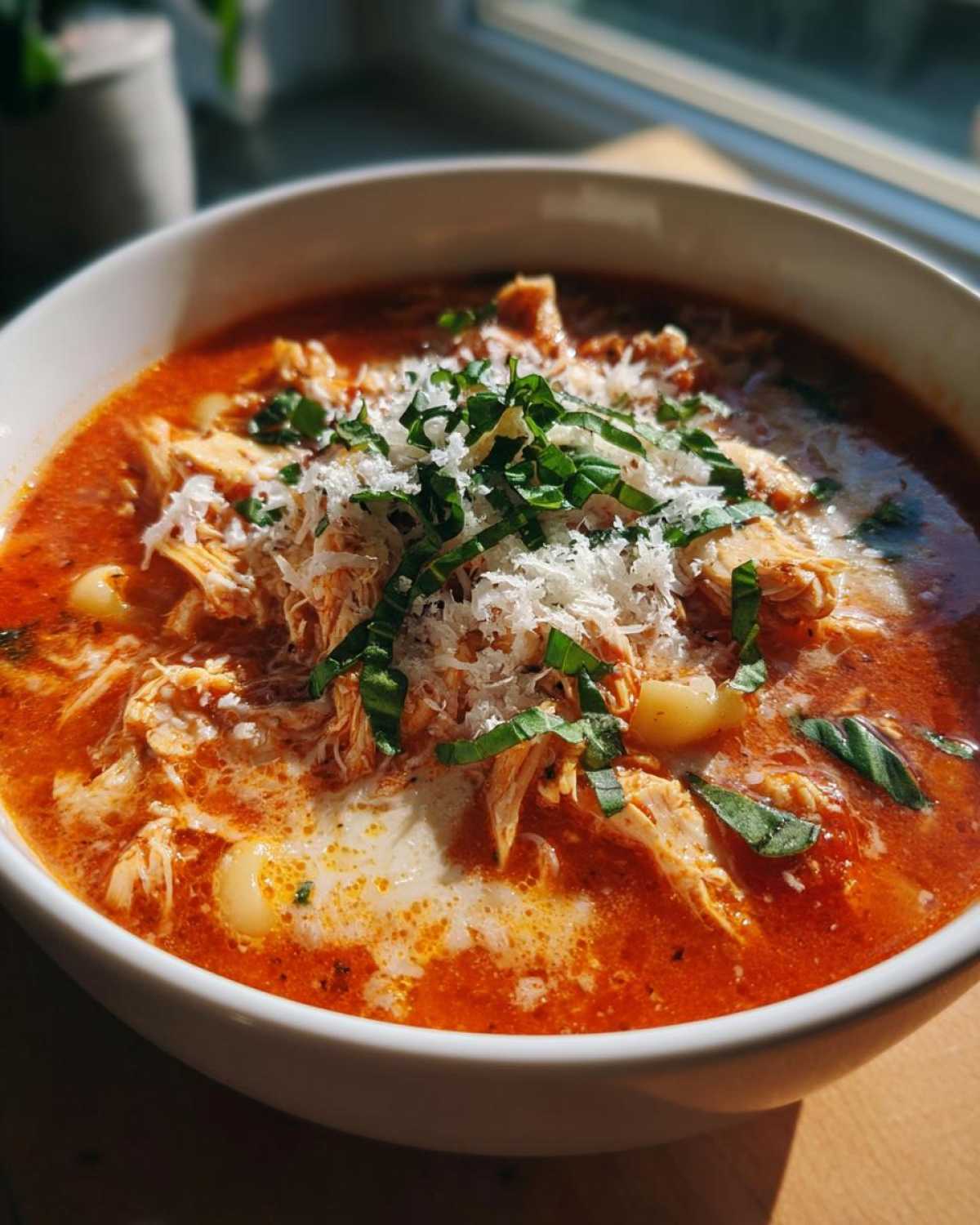 A close-up of a bowl of Crockpot Chicken Parmesan Soup, topped with shredded Parmesan cheese and fresh basil.