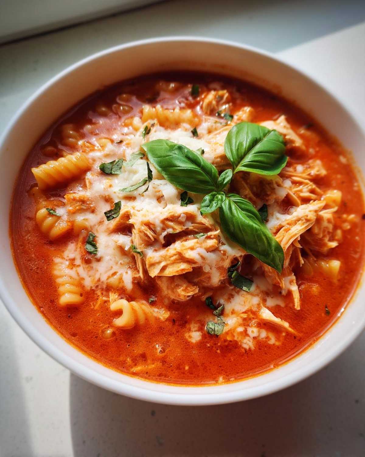 A bowl of Crockpot Chicken Parmesan Soup with rotini pasta, shredded chicken, melted cheese, and fresh basil leaves.