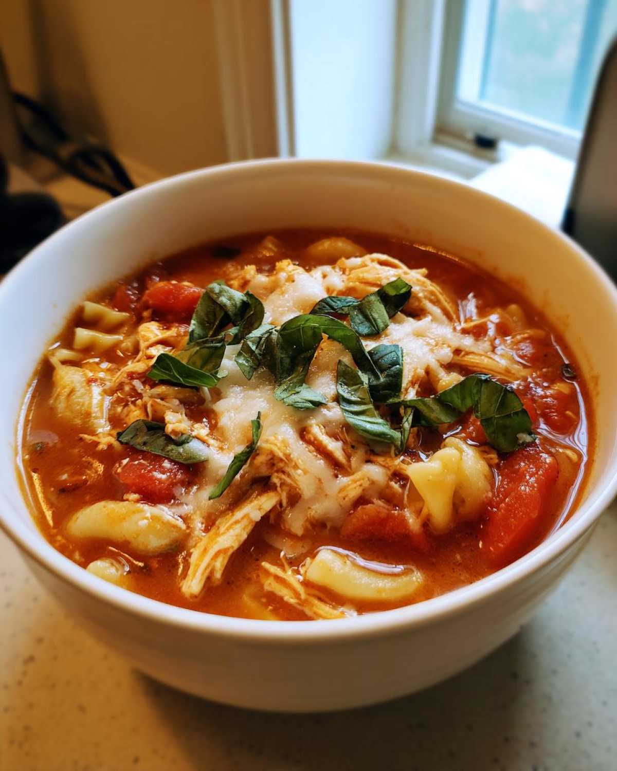 A close-up of a bowl of Crockpot Chicken Parmesan Soup, topped with shredded chicken, melted cheese, and fresh basil leaves.