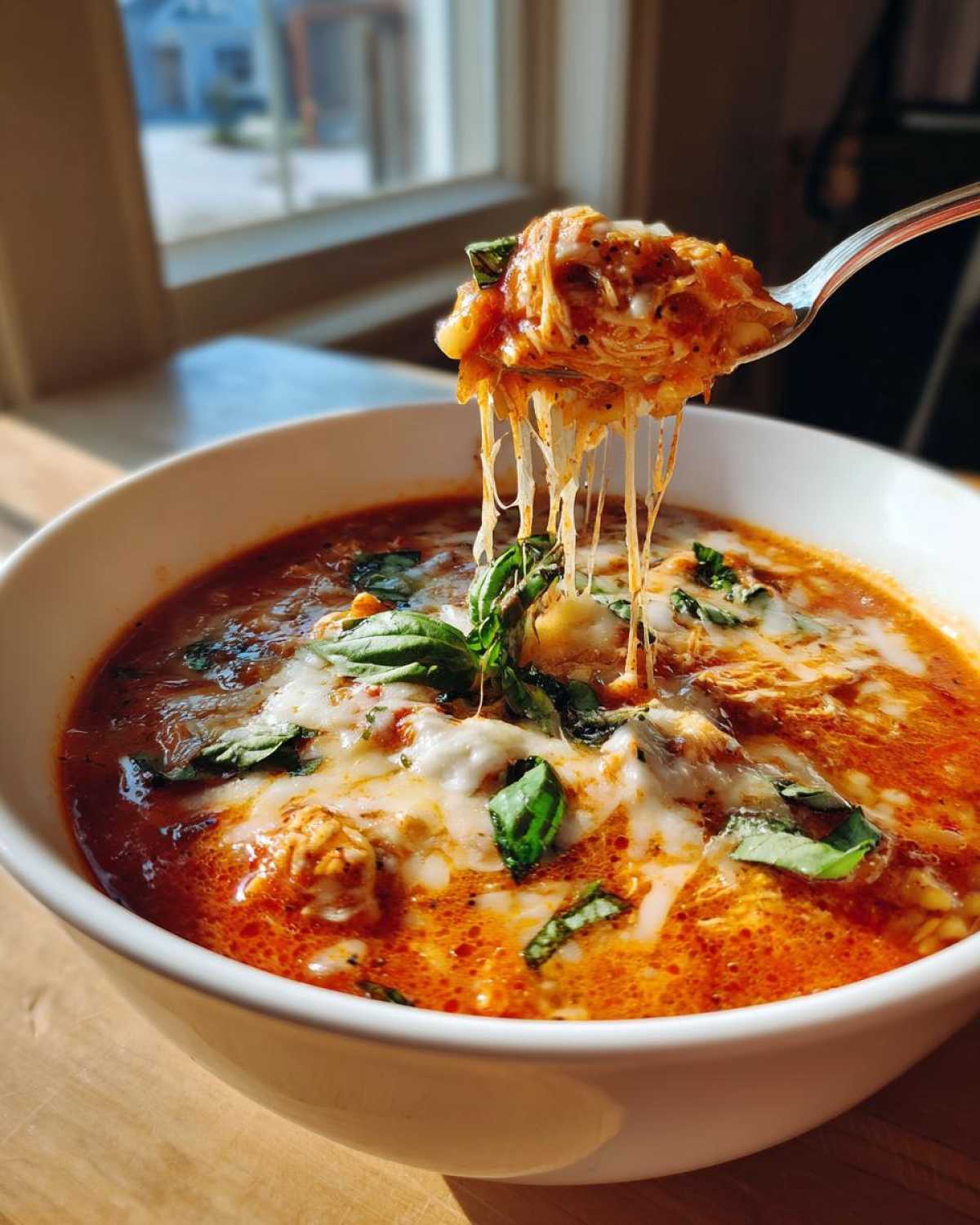 A spoonful of Crockpot Chicken Parmesan Soup with shredded chicken, tomato sauce, and melted mozzarella cheese.