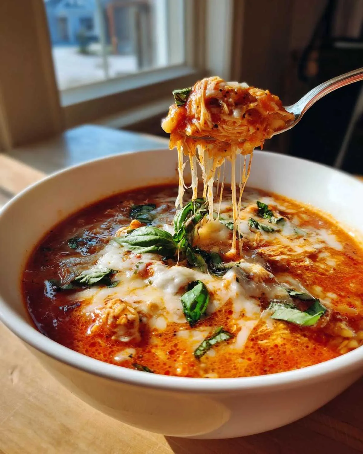 A spoonful of Crockpot Chicken Parmesan Soup with shredded chicken, tomato sauce, and melted mozzarella cheese.