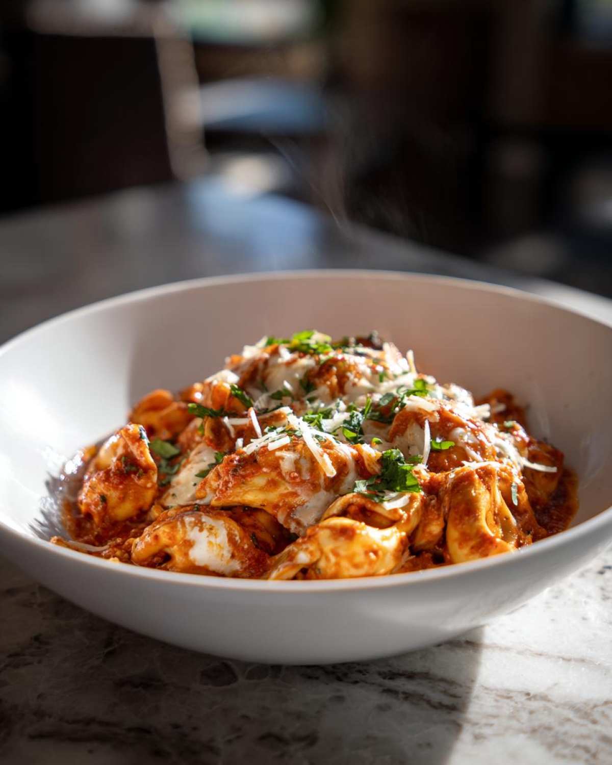 A steaming bowl of crockpot chicken tortellini in marinara sauce, topped with melted cheese and fresh parsley.
