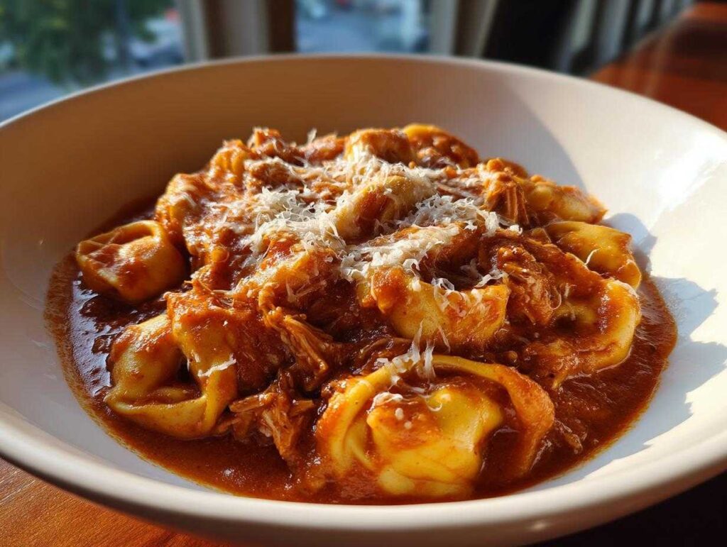 A close-up of a white bowl filled with crockpot chicken tortellini in a rich tomato sauce, topped with shredded Parmesan cheese.