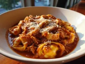 A close-up of a white bowl filled with crockpot chicken tortellini in a rich tomato sauce, topped with shredded Parmesan cheese.