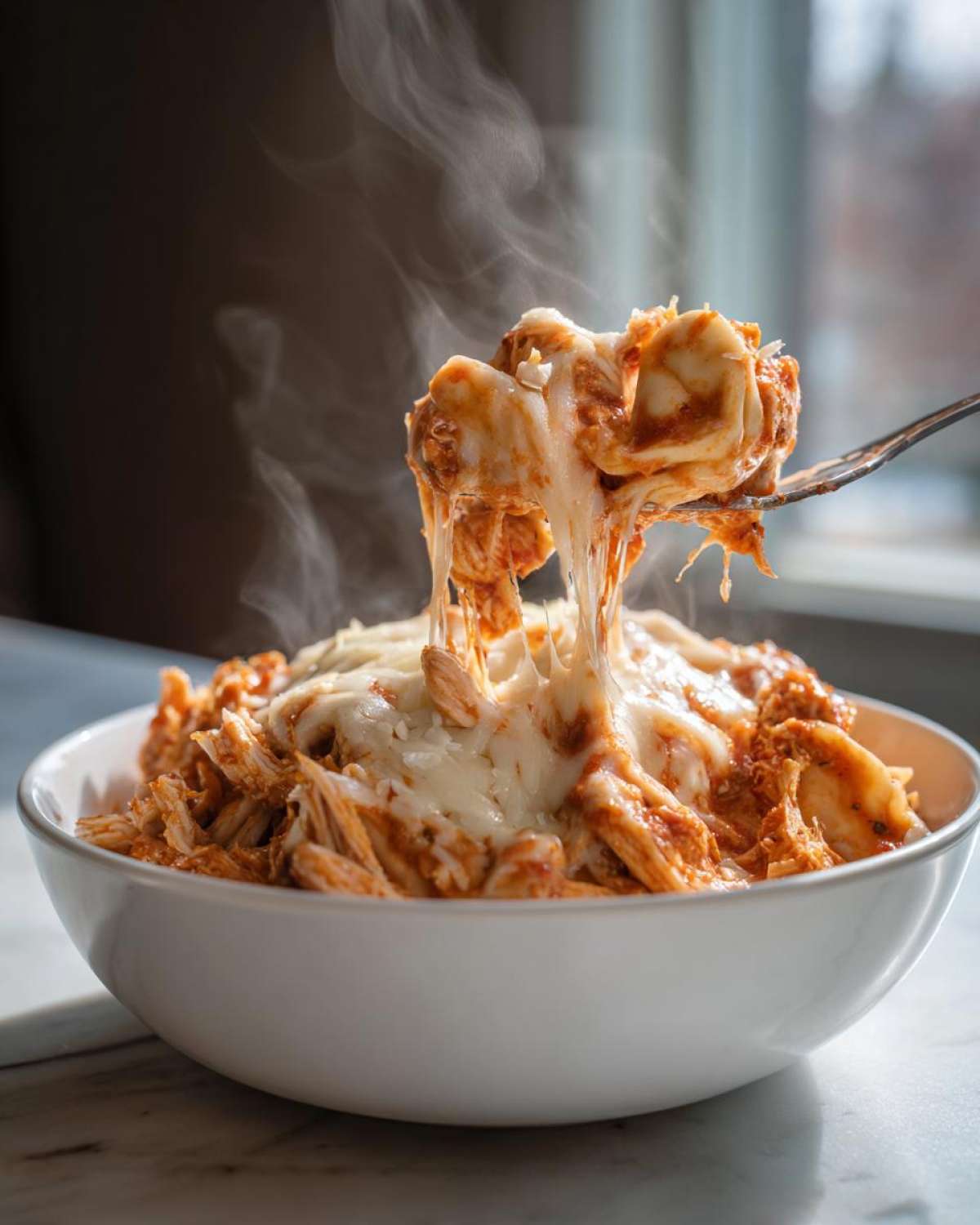 A fork lifts a cheesy portion of crockpot chicken tortellini from a white bowl, with steam rising.