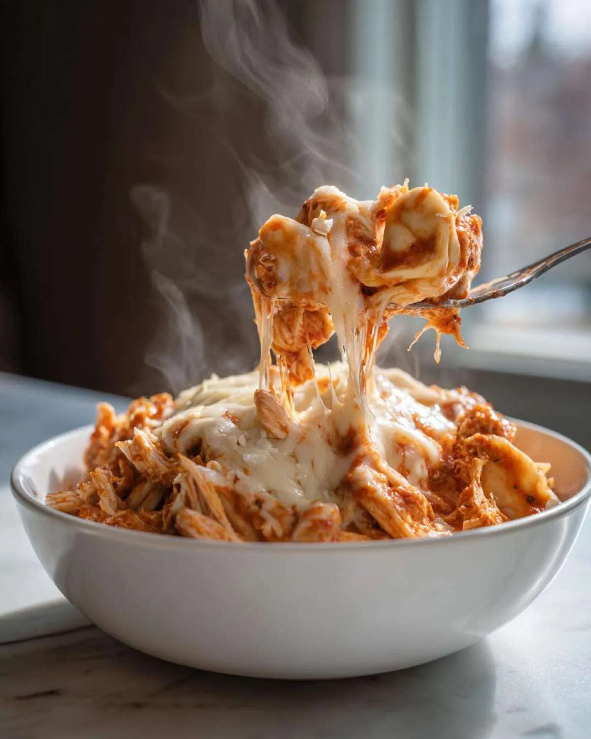A fork lifts a cheesy portion of crockpot chicken tortellini from a white bowl, with steam rising.