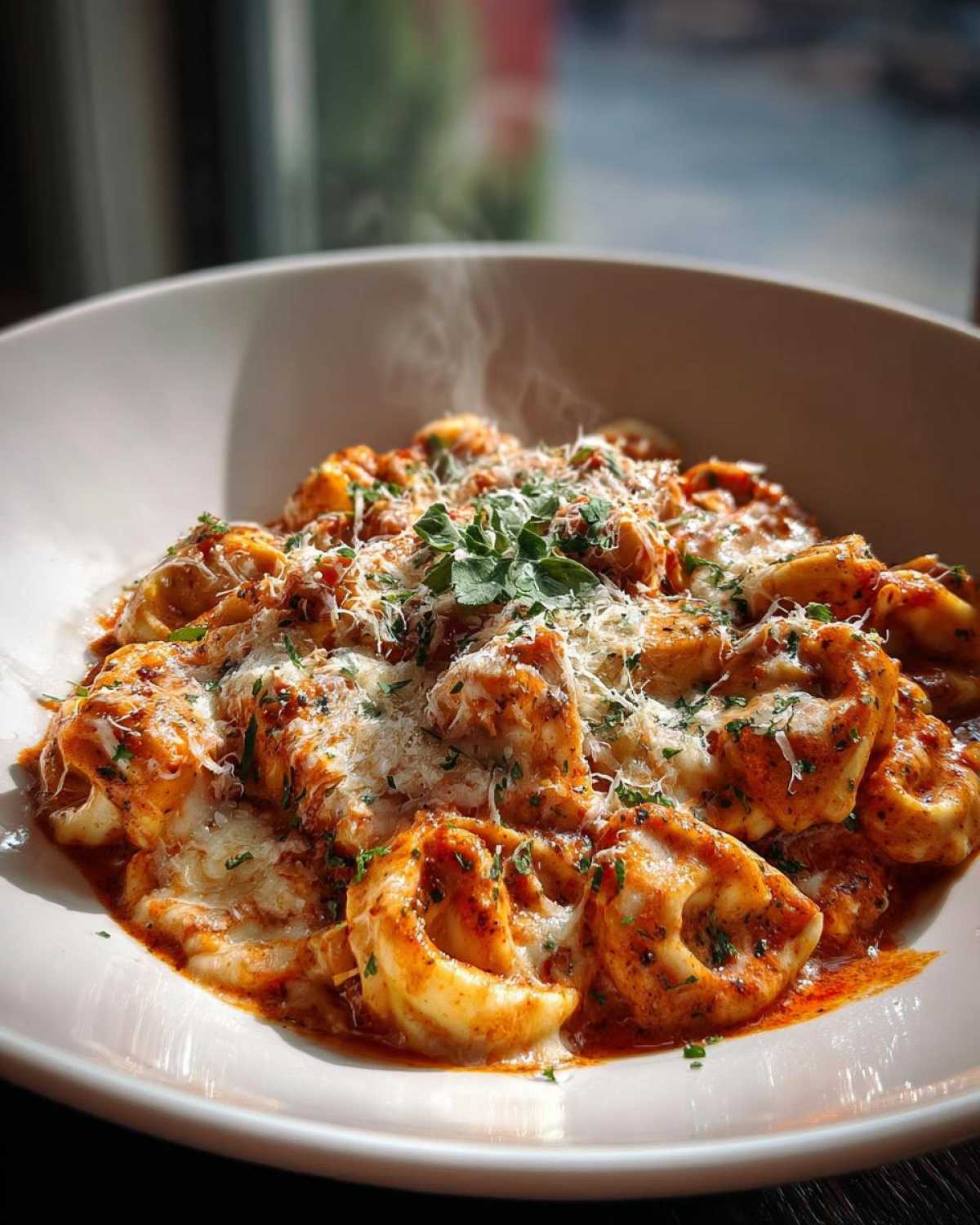 A steaming bowl of crockpot chicken tortellini in a rich tomato sauce, topped with melted cheese and fresh herbs.