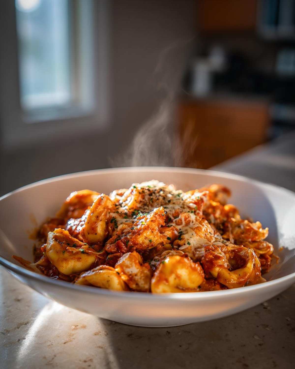A close-up of a white bowl filled with steaming crockpot chicken tortellini, topped with melted cheese and herbs.